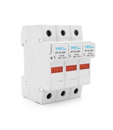 Корпус під плавкий запобіжник YRO RT18-32/3P, 32A, 500/690V, зі світловим індикатором, DIN, під запобіжник 10*38mm,контакти мідь