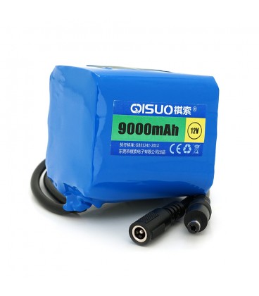 Аккумуляторная батарея литиевая QiSuo 12V 9A с элементами Li-ion 18650, DC5.5x2.1, (61x57x68mm)