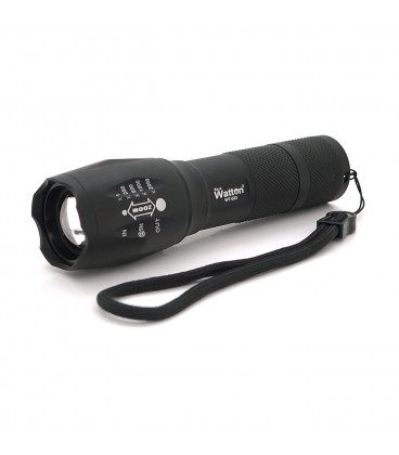 Ліхтар ручний Watton WT-023, 1LED Cree T6, 3W, 5 режимів, ZOOM, 18650/2800mah (перехідник 3*AAA), Black, IP44, СЗУ, 130х33х28мм,