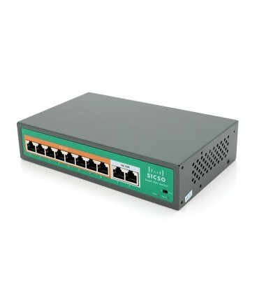 Коммутатор POE SICSO 48V с 8 портами POE 100Мбит + 2 порт Ethernet(UP-Link) 100Мбит, c усил. сигн. до 250м, корпус-металл, Silve
