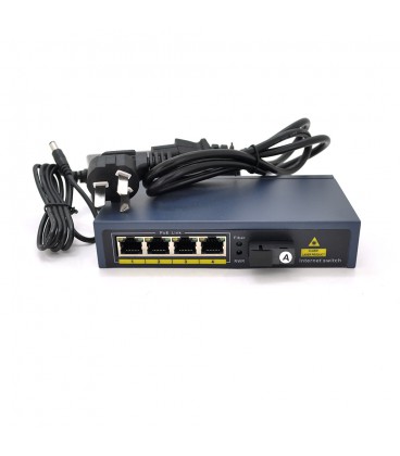 Комутатор POE 48V/57V 4 портів PoE +1 порт Ethernet FX 155 Мбіт/с (UP-Link) A, 802.3af, Black, БП у комплекті, (238*190*96) 0.79