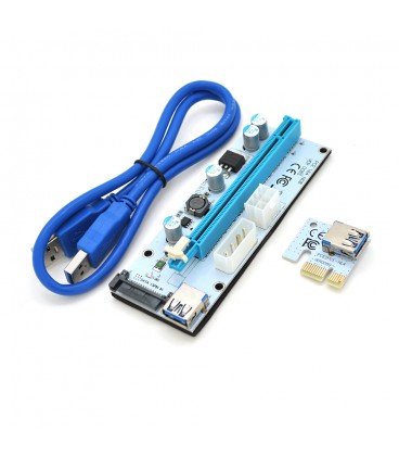 Riser PCI-EX, x1&gt,x16, 4-pin/6-pin/Sata, USB 3.0 AM-AM 0,6 м (синий), конденсаторы 270, White, Пакет