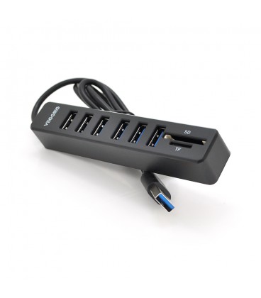 Хаб-кардрідер універсальний VEGGIEG V-C306, USB2.0 8in1 card reader (SD+TF+6*USB), Black,Blister-Box