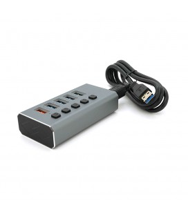 Хаб USB 3.0, 4 порта USB 3.0 + 1 порт QC3.0, с переключателями на каждый порт, DC5V3A, Black, BOX
