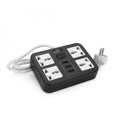 Мережевий фільтр ТВ-Т15, 4 розетки + 3 USB, 2 м, перетин 3х0, 75мм, 2500W, Black, Box