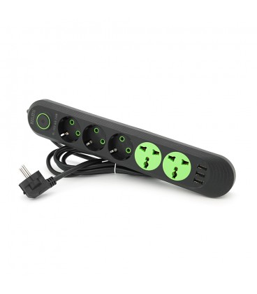 Мережевий фільтр F02U, 3 розетки EU + 2 розетки Universal + 3 USB, 1.5 м, перетин 3х0, 75мм, 2500W, Black, Bag