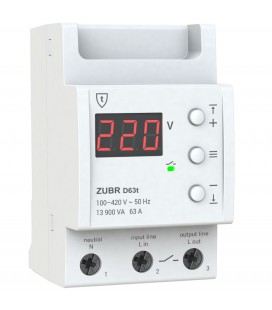 Защитное реле напряжения однофазное D63t c термозащитой на DIN-рейку, 63А, 13900ВА, 120-280В, трехмодульное с индикатором напряж