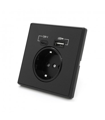 Розетка врізна із заземленням, Input: AC:110-250V/16A, Type-C/USB-виходи, Black