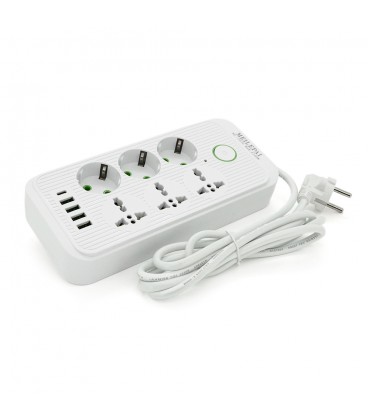 Фільтр F07U, 6 розеток (3 EU+3 Universal) + 4 USB + 1PD, кнопка включення з індикатором, 2 м, 3х0,75мм, 2500W, White, Box