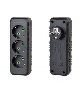 Розетка тройник с заземлением F101-Black, 3 розетки, 2500W, 10A, 110-250V~Max, Blister