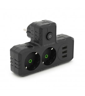 Розетка тройник Т-образнаый с заземлением F302-Black, 2 розетки+3USB(1А), 2500W, 10A, 110-250V~Max, Blister