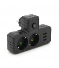 Розетка трійник Т-подібний із заземленням F302-Black, 2 розетки+3USB(1А), 2500W, 10A, 110-250V~Max, Blister