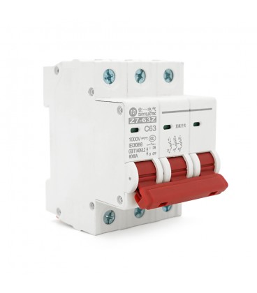 Автоматичний вимикач постійного струму ZUOYI Z7-63Z 3P C63 DC250-1000V, 63A, 6kA, DIN, 80*53.1*44.8mm