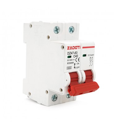 Автоматичний вимикач постійного струму ZADOTI DZ47-63C40 2P DC1000V, 40A, 6kA, DIN, 35*75*79mm