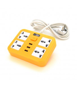 Мережевий фільтр ТВ-Т15, 4 розетки + 3 USB, з перемикачем, 2 м, перетин 3х0, 75мм, 2500W, Yellow, Box