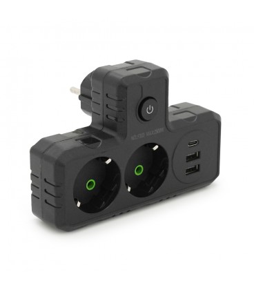 Розетка трійник Т-подібний із заземленням F303-Black, 2 розетки+2USB+1Type-C, 2500W, 10A, 110-250V~Max, Blister