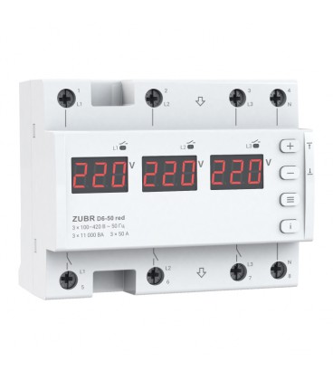 Двухрежимное реле напряжения однофазное/трехфазное D6-50 на DIN-рейку, 3*50А, 3*11000ВА, 120-280В, шестимодульное с индикатором 