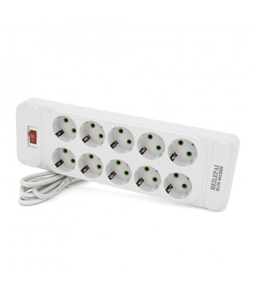 Сетевой фильтр F35, 10 розеток EU, кнопка включения с индикатором, 2 м, 3х0,75мм, 2500W, White, Box