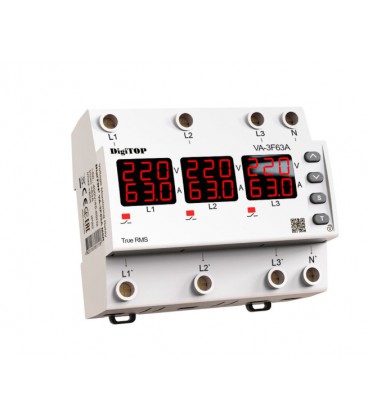 Реле напряжения и тока двухрежимное одно/трехфазное VА-3F63А M6R на DIN-рейку, 3*63А, 3*13500Вт, 120-270В, шестимодульное с инди