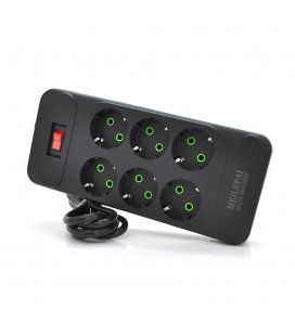 Мережевий фільтр F33, 6 розеток EU, кнопка включення з індикатором, 2 м, 3х0,75 мм, 2500W, Black, Box