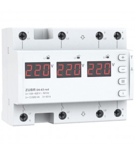 Двухрежимное реле напряжения однофазное/трехфазное D6-63 на DIN-рейку, 3*63А, 3*13900ВА, 120-280В, шестимодульное с индикатором 