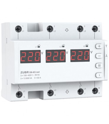 Двухрежимное реле напруги однофазное/трехфазное D6-63 на DIN-рейку, 3*63А, 3*13900ВА, 120-280В, шестимодульне з індикатором напр