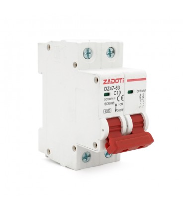 Автоматический выключатель постоянного тока ZADOTI DZ47-63C10 2P DC1000V, 10A, 6kA, DIN, 35*75*79mm