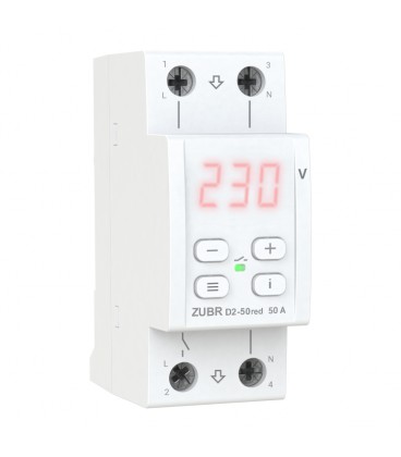 Захисне реле напруги однофазне D2-50 на DIN-рейку, 50А, 11000ВА, 120-280В, двомодульне з індикатором напруги (Червоний)
