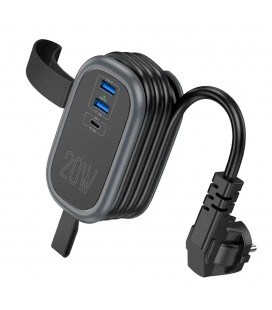 Сетевой фильтр HOCO NS7 на 1 розетку + 2 USB+ USB-C, 20W, кабель 1.1м, 220В, Black, Box