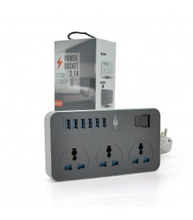 Мережевий фільтр ТВ-Т09, 3 розетки + 6 USB, 2 м, перетин 3х0,75мм, 3000W, Black-grey, Box