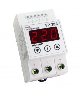 Защитное реле напряжения однофазное VP-20A на DIN-рейку, 20А, 4400Вт, 120-270В, трехмодульное с индикатором напряжения (красный)