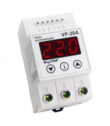 Защитное реле напряжения однофазное VP-20A на DIN-рейку, 20А, 4400Вт, 120-270В, трехмодульное с индикатором напряжения (красный)