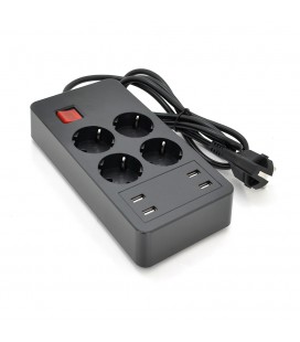 Сетевой фильтр на 4 розетки + 4 USB выхода 5V-2.4A, кнопка включения с индикатором, 16A, 250V/4000W, Black