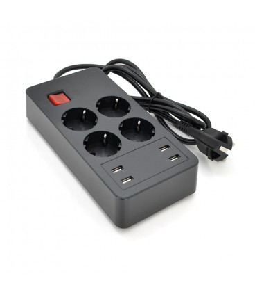 Сетевой фильтр на 4 розетки + 4 USB выхода 5V-2.4A, кнопка включения с индикатором, 16A, 250V/4000W, Black