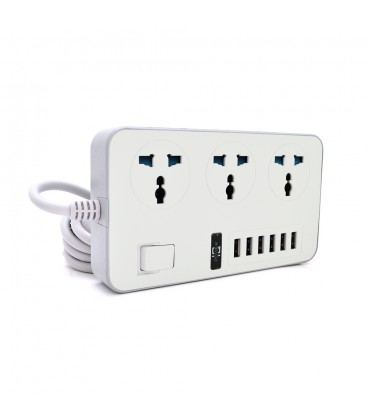 Мережевий фільтр ТВ-Т09, 3 розетки + 6 USB, 2 м, перетин 3х0,75мм, 3000W, White-grey, Box