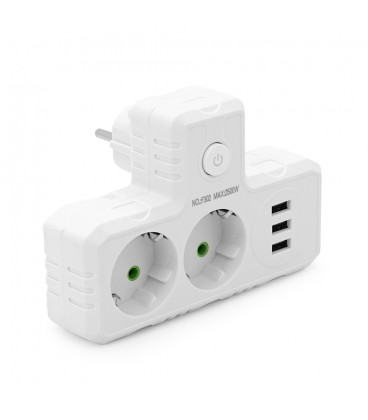 Розетка трійник Т-подібний із заземленням F302-White, 2 розетки+3USB(1А), 2500W, 10A, 110-250V~Max, Blister