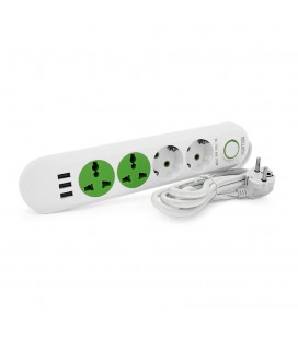 Мережевий фільтр F01U, 2 розетки EU + 2 розетки Universal + 3 USB, 1.5 м, перетин 3х0, 75мм, 2500W, White, Box