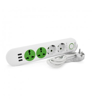 Сетевой фильтр F01U, 2 розетки EU + 2 розетки Universal + 3 USB, 1.5 м, сечение 3х0,75мм, 2500W, White, Box