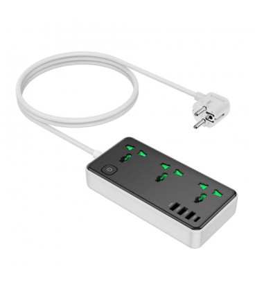 Сетевой фильтр HOCO AC7A на 3 розетки + 3 USB+USB-C, 17W, 220В, кабель 1,5м, Black/White, Box