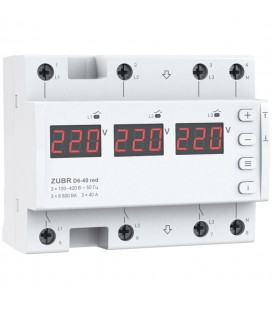 Двухрежимное реле напряжения однофазное/трехфазное D6-40 на DIN-рейку, 3*40А, 3*8800ВА, 120-280В, шестимодульное с индикатором н