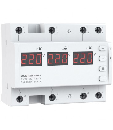 Двухрежимное реле напряжения однофазное/трехфазное D6-40 на DIN-рейку, 3*40А, 3*8800ВА, 120-280В, шестимодульное с индикатором н