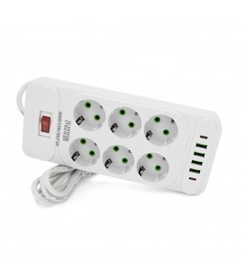 Мережевий фільтр F33U, 6 розеток EU + 4 USB + 2 PD, кнопка включення з індикатором, 2 м, 3х0,75 мм, 2500W, White, Box