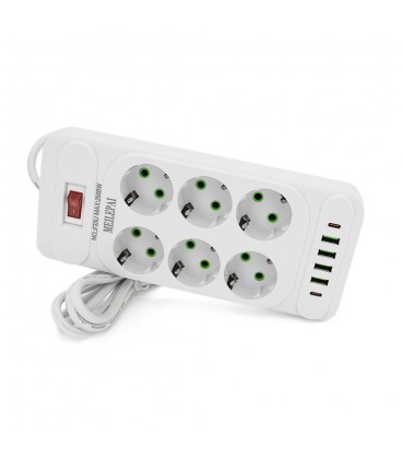 Мережевий фільтр F33U, 6 розеток EU + 4 USB + 2 PD, кнопка включення з індикатором, 2 м, 3х0,75 мм, 2500W, White, Box