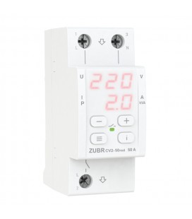 Защитное реле напряжения однофазное CV2-63 c контролем тока на DIN-рейку, 63А, 13900ВА, 120-280В, двухмодульное с индикатором на