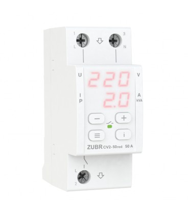 Защитное реле напряжения однофазное CV2-63 c контролем тока на DIN-рейку, 63А, 13900ВА, 120-280В, двухмодульное с индикатором на