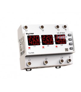 Реле напряжения и тока двухрежимное одно/трехфазное VA-3F40A M6R на DIN-рейку, 3*40А, 3*8500Вт, 120-270В, шестимодульное с индик