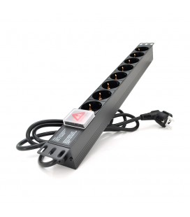 Подовжувач PiPo на 8 розеток з вимикачем, 220В, німецький тип, 1U 19", алюмінієвий корпус, чорний, довжина кабелю 1,8 м, Q25