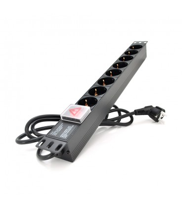 Подовжувач PiPo на 8 розеток з вимикачем, 220В, німецький тип, 1U 19", алюмінієвий корпус, чорний, довжина кабелю 1,8 м, Q25