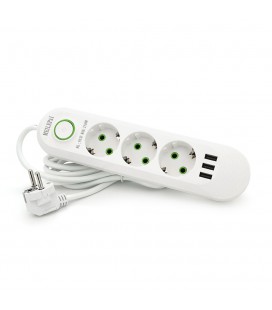 Мережевий фільтр F03U, 3 розетки EU + 3 USB, 1.5 м, перетин 3х0, 75мм, 2500W, White, Bag