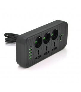 Мережевий фільтр F07U, 6 розеток (3 EU+3 Universal) + 4 USB + 1PD, кнопка включення з індикатором, 2 м, 3х0,75 мм, 2500W, Black,